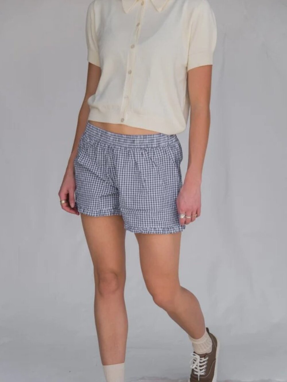 High-Waist Navy Gingham Ruffle Hem Shorts - Picture 3 of 3